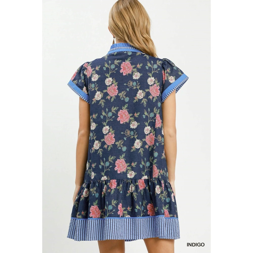 Umgee Floral Contrast Trim Ruffle Hem Mini Dress - Indigo - Medium - Picture 3 of 6